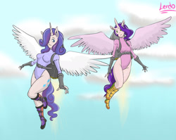 Size: 1280x1017 | Tagged: safe, artist:kkkatriel, pipp petals, rarity, alicorn, human, anthro, g5, alicornified, clothes, horn, horned humanization, humanized, jetpack, leotard, pippcorn, race swap, raricorn, winged humanization, wings