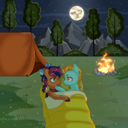 Size: 1000x1000 | Tagged: safe, artist:veincchi, lightning dust, oc, oc:solar comet, pegasus, pony, g4, blushing, campfire, camping, commission, cute, disguised changedling, forest, full moon, moon, mountain, night, sleeping bag, smiling, stars, tent, tree