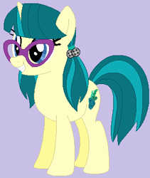 Size: 318x377 | Tagged: safe, artist:jadeharmony, artist:mak2020, juniper montage, pony, unicorn, g4, base used, equestria girls ponified, female, glasses, gray background, grin, juniper's cutie mark, mare, ponified, race swap, simple background, smiling, solo, unicorn juniper montage