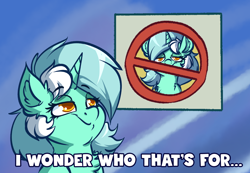 Size: 3848x2656 | Tagged: safe, artist:witchtaunter, lyra heartstrings, pony, unicorn, g4, chest fluff, ear fluff, female, garfield, high res, huh i wonder who that's for, l.u.l.s., lidded eyes, mare, meme, ponified, sign, smiling, smirk, solo