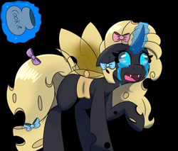 Size: 2048x1746 | Tagged: safe, artist:askhypnoswirl, oc, oc only, oc:decora, changeling, black background, bow, changeling oc, cookie, cookie jar, crying, female, food, hair bow, magic, mare, open mouth, raised hoof, simple background, solo, spread wings, tail, tail bow, telekinesis, wings, yellow changeling
