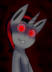 Size: 1475x2048 | Tagged: safe, artist:askhypnoswirl, oc, oc only, pony, unicorn, bipedal, black background, edgy, glowing, glowing eyes, looking at you, male, no catchlights, red background, red eyes, sharp teeth, simple background, solo, stallion, teeth