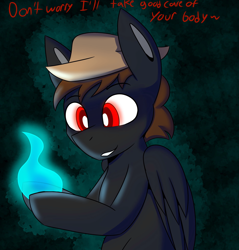 Size: 1958x2048 | Tagged: safe, artist:askhypnoswirl, oc, oc only, pegasus, pony, bipedal, dialogue, eyebrows, eyebrows visible through hair, folded wings, hat, male, red eyes, simple background, solo, soul, stallion, wings