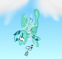 Size: 1500x1417 | Tagged: safe, artist:notadeliciouspotato, oc, oc only, oc:wavewind, pegasus, pony, cloud, earbuds, flying, frown, male, mp3 player, open mouth, solo, spread wings, stallion, wings