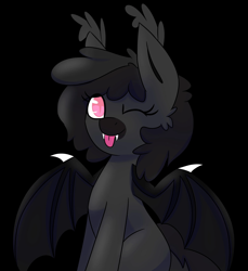 Size: 1879x2048 | Tagged: safe, artist:askhypnoswirl, oc, oc only, bat pony, pony, ;p, black background, cute, ear tufts, eye clipping through hair, female, looking at you, mare, one eye closed, simple background, sitting, solo, spread wings, tongue out, wings, wink, winking at you