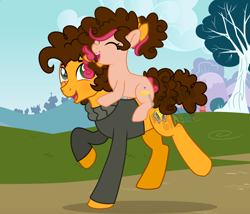 Size: 4746x4072 | Tagged: safe, artist:cheekycheesefan101, cheese sandwich, oc, oc:strawberry cheese, pony, g4, absurd resolution, daddy cheese sandwich, father and child, father and daughter, female, filly, foal, male, offspring, parent:cheese sandwich, parent:pinkie pie, parents:cheesepie, ponies riding ponies, riding