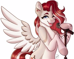 Size: 2600x2103 | Tagged: safe, artist:mxiiisy, part of a set, oc, oc only, oc:cherry heart, pegasus, pony, blue eyes, body markings, colored wings, ear piercing, earring, female, freckles, halfbody, high res, hooves, jewelry, long mane, mare, microphone, microphone stand, one eye closed, open mouth, piercing, red hair, red mane, red tail, simple background, singing, smiling, solo, spread wings, tail, tan coat, teeth, two toned coat, two toned mane, two toned tail, two toned wings, wavy mane, wavy tail, white background, wings, wink