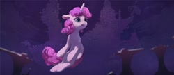 Size: 1200x519 | Tagged: safe, artist:inkhooves, sweetie belle, pony, unicorn, g4, canterlot castle, female, filly, floating, floppy ears, foal, night, scenery, smiling, solo