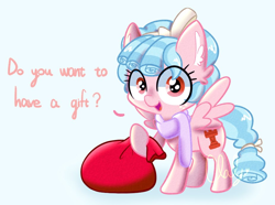 Size: 926x690 | Tagged: safe, artist:clouly, cozy glow, pegasus, pony, g4, christmas, clothes, cozybetes, cute, ear fluff, female, filly, foal, holiday, it's a trap, looking at you, not evil, open mouth, open smile, sack, scarf, simple background, smiling, solo, spread wings, talking to viewer, white background, wings