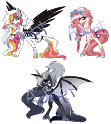 Size: 2948x3285 | Tagged: safe, artist:beamybutt, oc, oc only, alicorn, bat pony, bat pony alicorn, earth pony, pegasus, pony, bat pony oc, bat wings, colored hooves, ear fluff, earth pony oc, floral head wreath, flower, high res, horn, pegasus oc, raised hoof, rearing, simple background, transparent background, wings