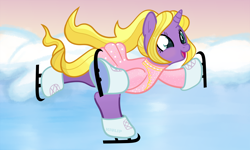 Size: 2192x1312 | Tagged: safe, artist:kiulip, oc, oc only, pony, unicorn, blushing, clothes, commission, ice, ice skates, ice skating, open mouth, open smile, outdoors, smiling, snow, solo, standing on one leg