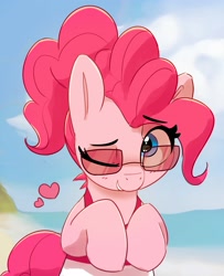 Size: 2553x3140 | Tagged: safe, artist:pabbley, pinkie pie, earth pony, pony, g4, alternate hairstyle, beach, clothes, cute, diapinkes, female, floating heart, grin, heart, high res, looking at you, mare, ocean, one eye closed, one-piece swimsuit, ponytail, smiling, smiling at you, solo, sunglasses, swimsuit, water, wink, winking at you