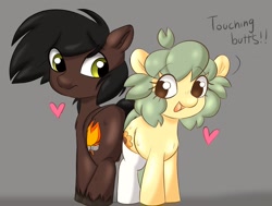 Size: 2189x1655 | Tagged: oc name needed, safe, artist:mushy, oc, oc only, oc:pea, earth pony, pony, butt to butt, butt touch, butts, clothes, colt, duo, earth pony oc, eyelashes, female, filly, filly on colt, foal, gray background, heart, looking at each other, looking at someone, male, no eyelashes, oc x oc, pony oc, redraw, shipping, simple background, socks, stallion, straight, thigh highs