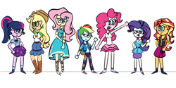 Size: 1800x900 | Tagged: safe, artist:fuckomcfuck, applejack, fluttershy, pinkie pie, rainbow dash, rarity, sci-twi, sunset shimmer, twilight sparkle, human, equestria girls, g4, colored, female, full body, height difference, humane five, humane seven, humane six, reference sheet, simple background, sketch, smoldash, tallershy, white background