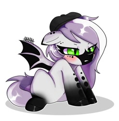 Size: 889x899 | Tagged: safe, artist:alroura, oc, oc only, bat pony, pony, bat pony oc, bat wings, beret, blushing, cute, female, hat, mare, signature, simple background, solo, white background, wings
