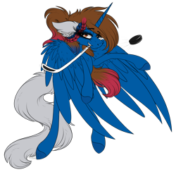Size: 3294x3218 | Tagged: safe, artist:beamybutt, oc, oc only, alicorn, pony, alicorn oc, colored hooves, ear fluff, eyelashes, female, grin, high res, hockey, hockey stick, horn, mare, mouth hold, simple background, smiling, sports, transparent background, wings