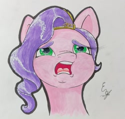 Size: 1690x1599 | Tagged: safe, artist:engi, pipp petals, pegasus, pony, g5, crown, eyebrows, female, jewelry, open mouth, regalia, sad, simple background, solo, traditional art, watercolor painting