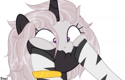 Size: 1280x819 | Tagged: safe, artist:hoochuu, oc, oc only, oc:s.leech, pony, unicorn, base used, bracelet, cheek squish, commission, eyelashes, female, horn, jewelry, mare, offscreen character, pov, simple background, smiling, squishy cheeks, unicorn oc, white background, ych result