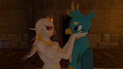 Size: 1920x1080 | Tagged: safe, artist:php170, gallus, bird, demon, griffon, peacock, anthro, g4, 3d, bird demon, clothes, crossover, crossover shipping, crown, cute, dialogue, dialogue in the description, dress, female, friendship, gallus is not amused, hellaverse, hellborn, helluva boss, holding, infidelity, jewelry, looking at each other, looking at someone, male, out of character, peacock demon, regalia, revamped anthros, shipping, smiling, source filmmaker, stella (helluva boss), stellus, straight, unamused