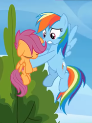 Size: 647x862 | Tagged: safe, screencap, rainbow dash, scootaloo, pegasus, pony, g4, season 8, the washouts (episode), duo, eyes closed, female, flying, holding a pony, knocked out, mare, multicolored hair, pink mane, pink tail, rainbow hair, rainbow tail, tail, worried