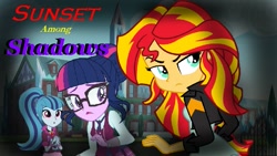 Size: 819x461 | Tagged: safe, sci-twi, sonata dusk, sunset shimmer, twilight sparkle, human, fanfic:sunset among shadows, equestria girls, g4, clothes, crystal prep academy uniform, disguise, disguised siren, fanfic, fanfic art, fanfic cover, necktie, school uniform