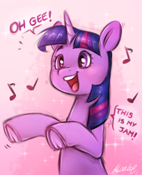 Size: 1611x1977 | Tagged: safe, artist:buttersprinkle, twilight sparkle, unicorn, dancing, dialogue, dork, female, music, music notes, solo, solo female, this is my jam, underhoof, unicorn twilight