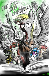 Size: 1300x2000 | Tagged: safe, ditzy doo, dj pon-3, vinyl scratch, pegasus, pony, undead, unicorn, zombie, zombie pony, fallout equestria, may, nuclear explosion, nuclear weapon, ruins, soldier, the ditzy doo chronicles, weapon