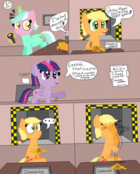 Size: 1280x1587 | Tagged: safe, artist:alyssafire, artist:nightshadowmlp, applejack, lyra heartstrings, twilight sparkle, alicorn, pony, comic:five am at pinkie's: the prequel, g4, comic, dialogue, element of honesty, elements of harmony, facehoof, five nights at freddy's, five nights at pinkie's, glowing, glowing horn, horn, poster, text, twilight sparkle (alicorn), wearing a mask