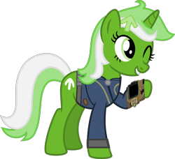 Size: 4378x4000 | Tagged: safe, artist:php170, derpibooru exclusive, oc, oc only, oc:upvote, pony, unicorn, derpibooru, fallout equestria, g4, absurd resolution, clothes, cute, derpibooru ponified, fallout, female, jumpsuit, mare, meta, ocbetes, one eye closed, pipboy, ponified, simple background, smiling, solo, transparent background, vault suit, vector, wink