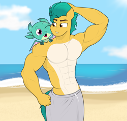 Size: 2701x2574 | Tagged: safe, artist:matchstickman, hitch trailblazer, sparky sparkeroni, dragon, earth pony, anthro, g5, abs, baby, baby dragon, beach, clothes, dilf, dragon wings, duo, duo male, fangs, father and child, father and son, grin, hand on head, high res, male, muscles, muscular male, ocean, one eye closed, open mouth, open smile, papa hitch, sand, shorts, shredded hitch, smiling, spread wings, stallion, stupid sexy hitch trailblazer, summer, swimming trunks, swimsuit, water, wings