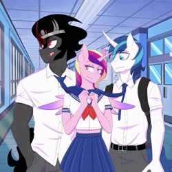 Size: 2048x2048 | Tagged: safe, artist:shallowwin, king sombra, princess cadance, shining armor, alicorn, unicorn, anthro, g4, bisexual, clothes, female, gay, hallway, high res, lidded eyes, male, midriff, polyamory, sailor uniform, school uniform, sexy, sexy armor, shiningsomdance, smiling, spread wings, straight, stupid sexy princess cadance, stupid sexy sombra, uniform, wings