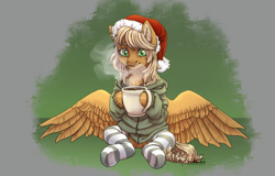 Size: 2500x1600 | Tagged: safe, artist:marinavermilion, oc, oc only, pegasus, pony, clothes, coffee, cup, green background, hat, hoodie, santa hat, simple background, socks, solo, striped socks
