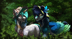 Size: 2000x1100 | Tagged: safe, artist:marinavermilion, oc, oc only, pegasus, pony, unicorn, braid, bush, duo, feather, flower, forest background, hat, large wings, looking at each other, looking at someone, talking, wings