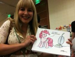 Size: 1000x750 | Tagged: safe, artist:johnjoseco, pinkie pie, earth pony, human, pony, g4, andrea libman, everfree northwest, everfree northwest 2012, irl, irl human, photo, vacuum cleaner, voice actor, voice actor joke