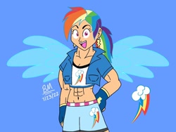 Size: 1024x768 | Tagged: safe, artist:grandbilal21, rainbow dash, human, g4, abs, clothes, cutie mark on clothes, female, humanized, multicolored hair, muscles, muscular female, rainbow hair, rainbuff dash, solo, wings