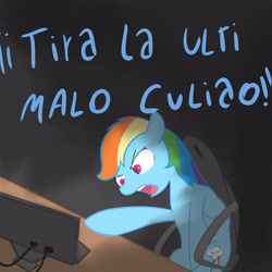Size: 3000x3000 | Tagged: safe, artist:reinbou, rainbow dash, pegasus, pony, g4, angry, chair, computer, gamer dash, high res, league of legends, light, rage, solo, spanish text, translated in the comments