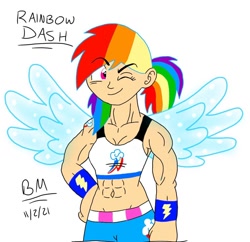 Size: 1080x1046 | Tagged: safe, artist:grandbilal21, rainbow dash, human, g4, 2021, abs, clothes, cutie mark on clothes, female, humanized, multicolored hair, muscles, muscular female, one eye closed, rainbow hair, rainbuff dash, simple background, solo, white background, wings, wink
