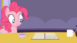 Size: 520x293 | Tagged: safe, artist:agrol, pinkie pie, earth pony, pony, tales of adventurers, g4, animated, blinking, coffee mug, female, frown, gif, grin, lidded eyes, mare, mug, notebook, smiling, solo
