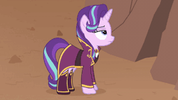 Size: 520x293 | Tagged: safe, artist:agrol, starlight glimmer, pony, unicorn, tales of adventurers, g4, animated, blinking, boulders, clothes, doesn't care, female, force field, frown, gif, glowing, glowing horn, horn, levitation, lidded eyes, looking up, magic, magic aura, mare, self-levitation, solo, starlight glimmer is not amused, telekinesis, unamused, youtube link