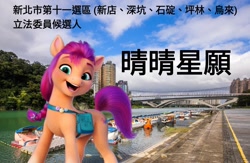Size: 1616x1056 | Tagged: safe, sunny starscout, pony, g5, chinese text, election, irl, moon runes, new taipei, photo, ponies in real life, taiwan, xindian