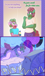 Size: 1254x2119 | Tagged: safe, artist:gunpowdergreentea, oc, oc only, oc:nimbus (phallen1), oc:software patch, oc:windcatcher, earth pony, pegasus, anthro, 2 panel comic, aunt and niece, bed, breasts, clothes, comic, dialogue, digital art, eyes closed, fan, female, gift art, lying down, lying on bed, male, oc x oc, on bed, open mouth, pants, pillow, shipping, shirt, sleeping, straight, tail, talking, wind, windpatch, wings