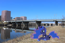 Size: 2048x1365 | Tagged: safe, artist:90sigma, artist:mlplover94, princess luna, alicorn, pony, bridge, connecticut, crown, ethereal mane, female, hartford, irl, jewelry, lying down, mare, photo, ponies in real life, prone, regalia, sad, solo, starry mane