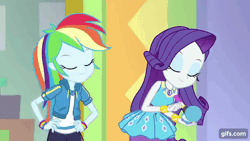 Size: 640x360 | Tagged: safe, screencap, rainbow dash, rarity, spike, spike the regular dog, dog, human, a fine line, equestria girls, g4, my little pony equestria girls: better together, animated, animation error, clothes, dress, eyes closed, female, geode of shielding, geode of super speed, gif, gifs.com, hairpin, hand on hip, hoodie, jewelry, magical geodes, male, necklace, one eye closed, open mouth, rarity peplum dress, sleeveless, sleeveless dress, smiling, trio