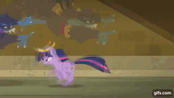 Size: 640x360 | Tagged: safe, screencap, ahuizotl, river rapids, rusty spear, twilight sparkle, alicorn, earth pony, pony, daring don't, g4, season 4, animated, female, gif, gifs.com, glowing, glowing horn, horn, magic, male, mare, smiling, stallion, teleportation, tribal pony, twilight sparkle (alicorn)