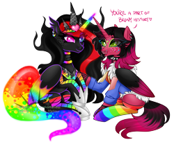 Size: 4097x3353 | Tagged: safe, artist:nekomellow, oc, oc only, oc:neonboom, oc:princess neon boom, alicorn, pony, alicorn oc, clothes, colored wings, colorful, duo, duo female, eye clipping through hair, eyebrows, eyebrows visible through hair, female, folded wings, heterochromia, high res, horn, looking at each other, looking at someone, multicolored wings, neon, open mouth, open smile, rainbow socks, simple background, sitting, smiling, smiling at each other, socks, starry eyes, striped socks, talking, transparent background, wingding eyes, wings