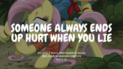 Size: 1280x720 | Tagged: safe, edit, editor:quoterific, idw, applejack, fluttershy, earth pony, pegasus, pony, g4, my little pony: friends forever, spoiler:comic, duo, duo female, female, mare, text