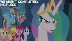 Size: 1280x720 | Tagged: safe, edit, edited screencap, editor:quoterific, screencap, applejack, fluttershy, pinkie pie, princess celestia, rainbow dash, rarity, spike, alicorn, dragon, earth pony, pegasus, pony, unicorn, season 9, the ending of the end, angry, applejack's hat, cowboy hat, crown, female, flying, hat, jewelry, male, mare, open mouth, regalia, spread wings, text, winged spike, wings