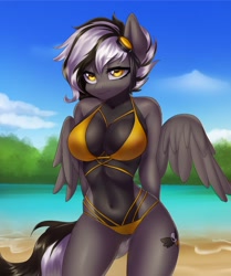 Size: 1714x2048 | Tagged: safe, artist:yutakira92, oc, oc only, oc:zephyr corax, oc:zephyrai, pegasus, anthro, abs, absolute cleavage, accessory, anthro oc, arm behind back, beach, belly button, bikini, black and white mane, black and white tail, blue sky, breasts, cleavage, clothes, cloud, collarbone, eyebrows, eyebrows visible through hair, female, gray coat, grayscale, hips, monochrome, partially open wings, pegasus oc, reverse countershading, sand, smiling, smirk, solo, swimsuit, tree, water, wings, yellow bikini, yellow eyes, yellow swimsuit