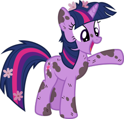 Size: 1884x1819 | Tagged: safe, artist:sollace, derpibooru exclusive, twilight sparkle, pony, unicorn, it's about time, .svg available, cute, dirty, flower, flower in hair, messy mane, mud, open mouth, raised hoof, simple background, solo, svg, transparent background, twilinanas, unicorn twilight, vector
