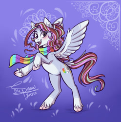 Size: 1280x1289 | Tagged: safe, artist:snowballflo, oc, oc only, pegasus, pony, abstract background, clothes, female, mare, pegasus oc, rearing, scarf, signature, smiling, solo, unshorn fetlocks, wings